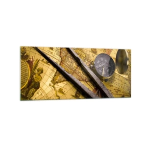 Cuadro sobre vidrio - Impresiones sobre Vidrio - Un mapa del mundo antiguo con una brújula y un par de brújulas en el fondo. - 120x50cm - ¿Dónde están los tesoros? - Decoración de pared moderna para salón y dormitorio ARTTOR