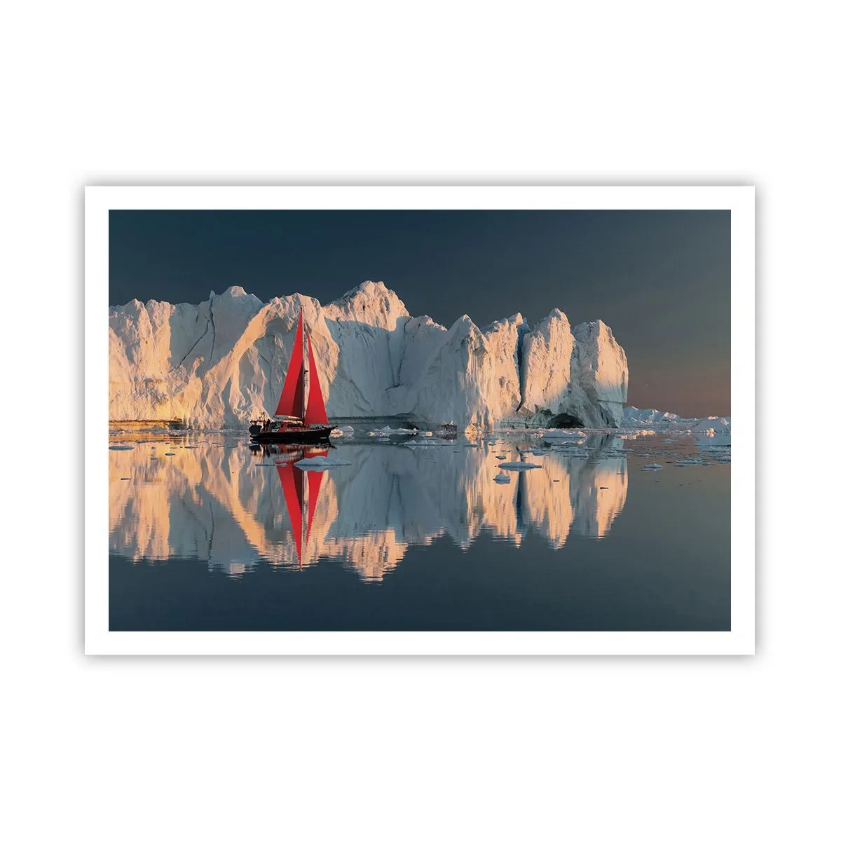 Póster - Un velero con una vela roja con el fondo de un glaciar. - 100x70cm - En el límite del mundo - Decoración de pared moderna para salón y dormitorio ARTTOR