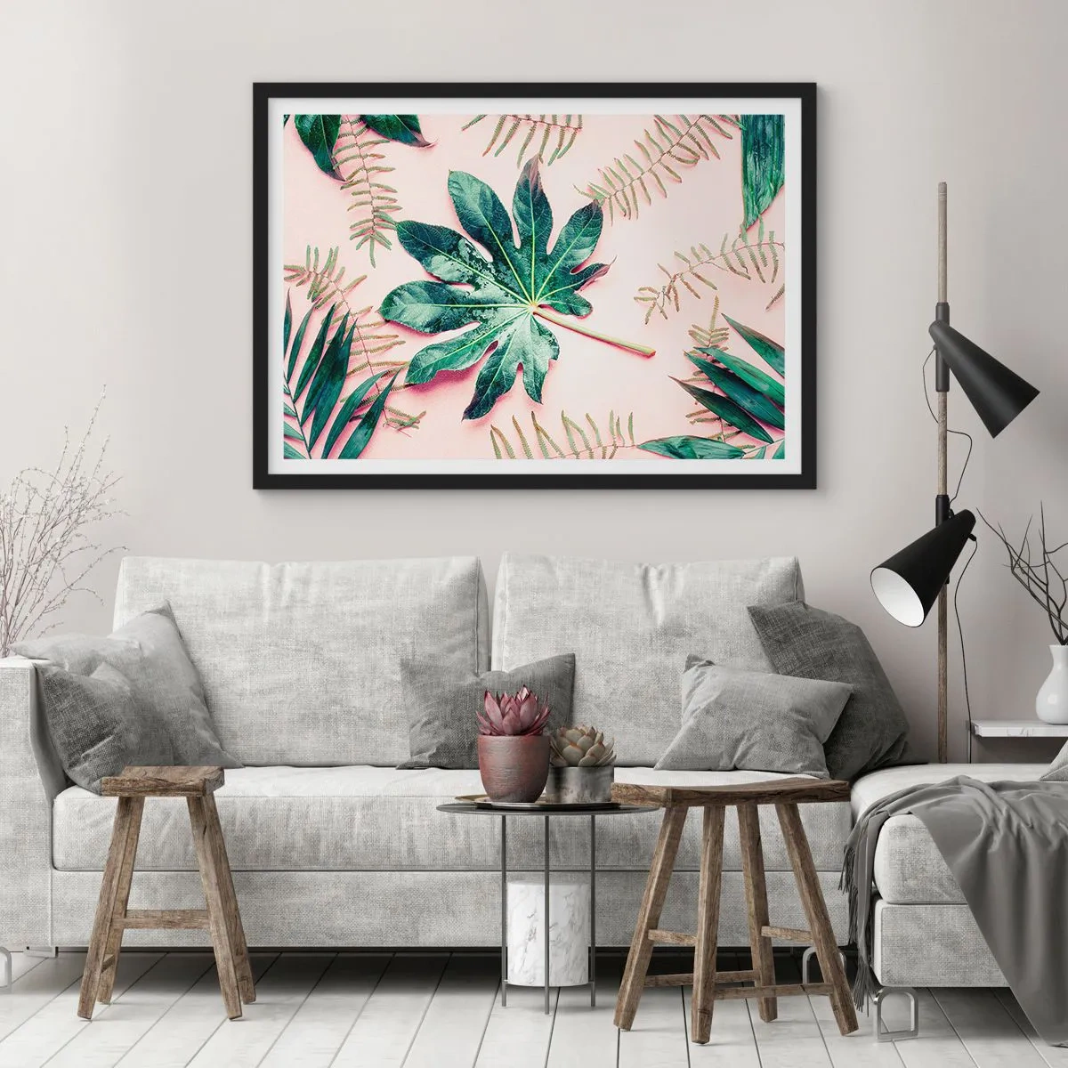 Póster en marco negro - Hojas tropicales sobre un fondo pastel claro. - 70x50cm - Estudio de vegetación sobre fondo rosa - Decoración de pared moderna para salón y dormitorio ARTTOR