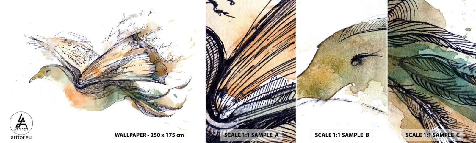 Muestra de fotomural autoadhesivo Deluxe Sticker - En las alas de la poesía - Abstracción, Pájaro, Libro - 100x30 cm