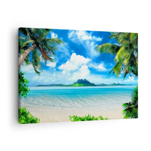Cuadro sobre lienzo - Impresión de Imagen - Playa tropical con palmeras y vista a la isla. - 70x50cm - El azul de los trópicos - Decoración de pared moderna para salón y dormitorio ARTTOR
