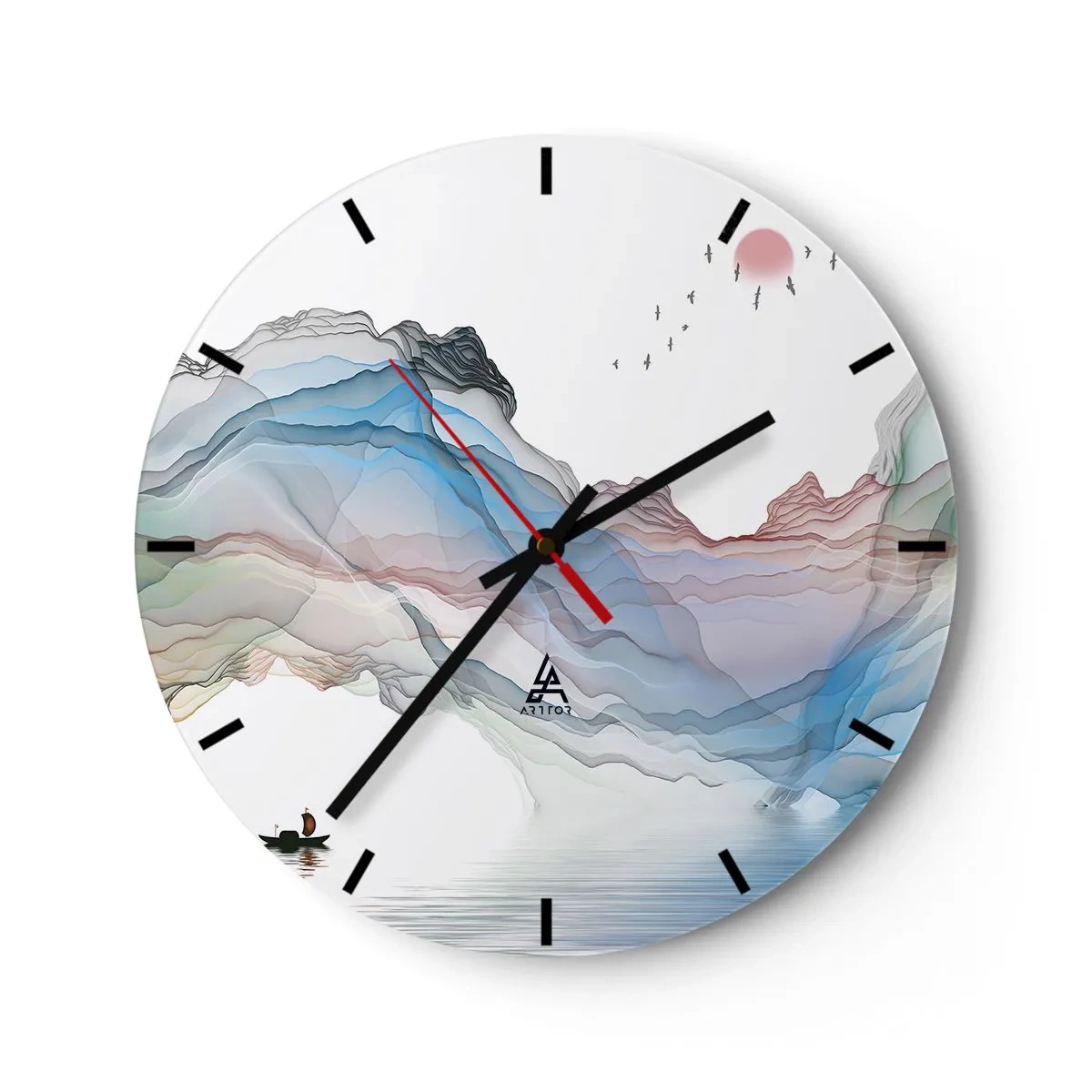 Reloj de pared - Reloj de vidrio - Montañas coloridas y etéreas con un barco en la superficie del agua. - 30x30cm - Hacia las montañas de cristal - Decoración de pared moderna para salón, cocina y dormitorio ARTTOR