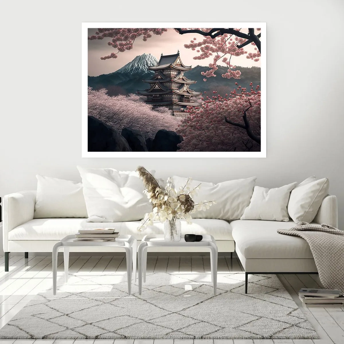 Póster - Un templo japonés rodeado de flores de cerezo y montañas. - 100x70cm - Tierra de cerezos en flor - Decoración de pared moderna para salón y dormitorio ARTTOR