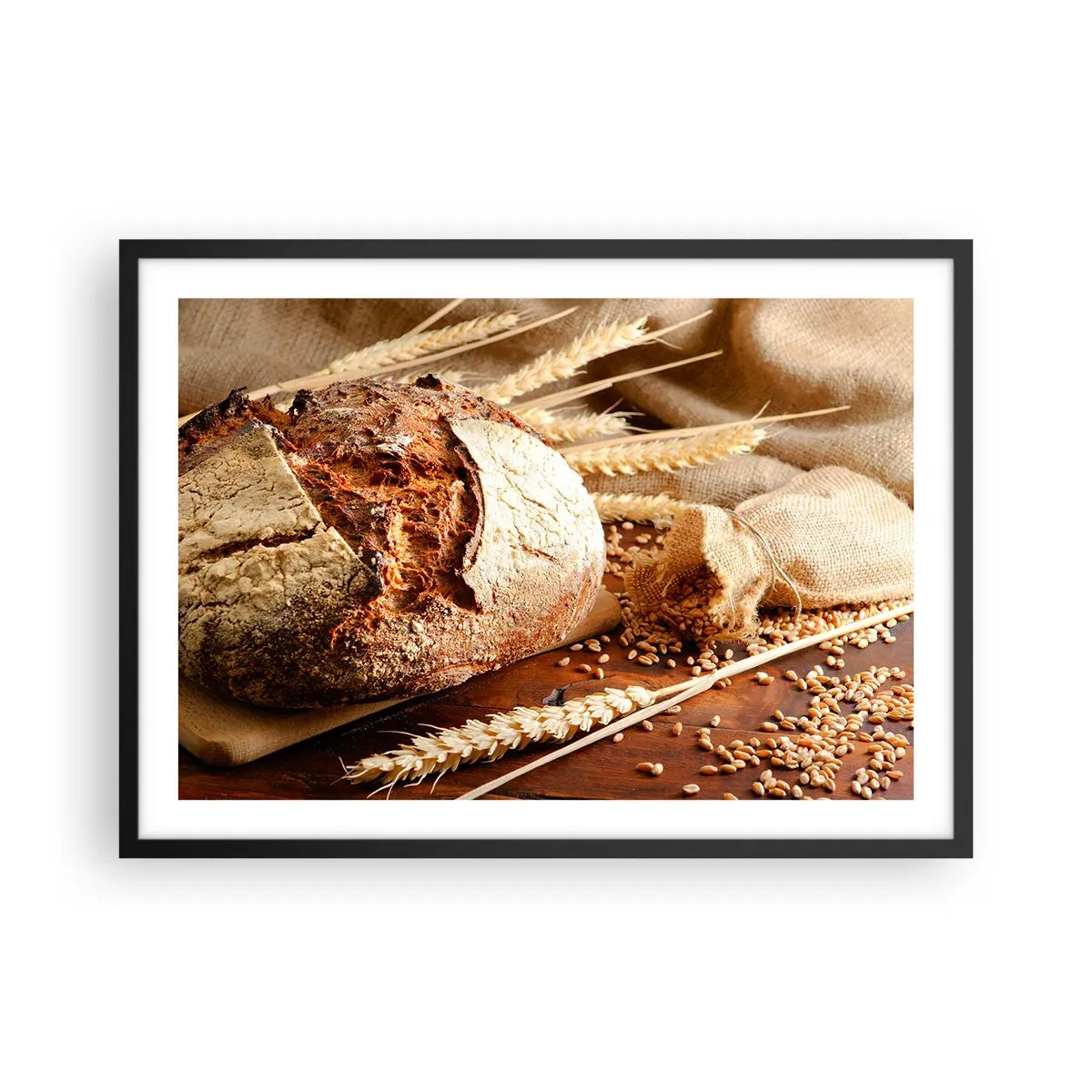 Póster en marco negro - Pan crujiente con cereales y espigas de trigo sobre un fondo de madera - 70x50cm - Apetitoso, fragante, crujiente - Decoración de pared moderna para salón y dormitorio ARTTOR