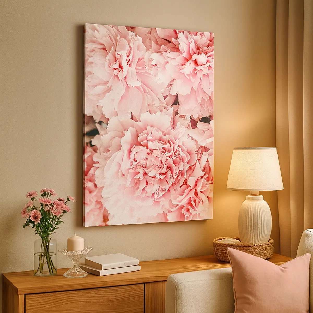 Cuadro sobre lienzo - Impresión de Imagen - Peonías rosas sutiles en un entorno delicado. - 50x70cm - Sueño rosa - Decoración de pared moderna para salón y dormitorio ARTTOR