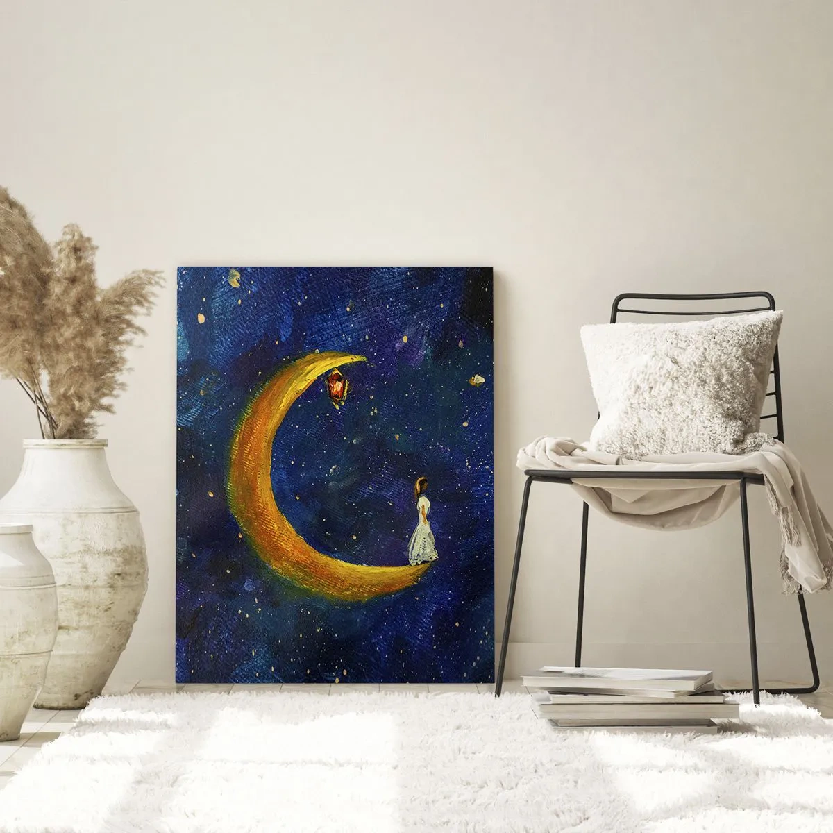 Cuadro sobre vidrio - Impresiones sobre Vidrio - Una niña parada en la luna en un cielo estrellado. - 80x120cm - La llamada de la Luna - Decoración de pared moderna para salón y dormitorio ARTTOR