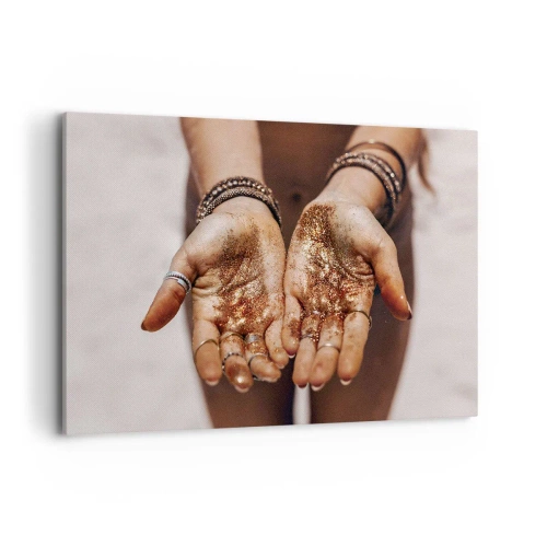 Cuadro sobre lienzo - Impresión de Imagen - Primer plano de manos con purpurina en tonos cálidos. - 120x80cm - Un regalo para ti - Decoración de pared moderna para salón y dormitorio ARTTOR