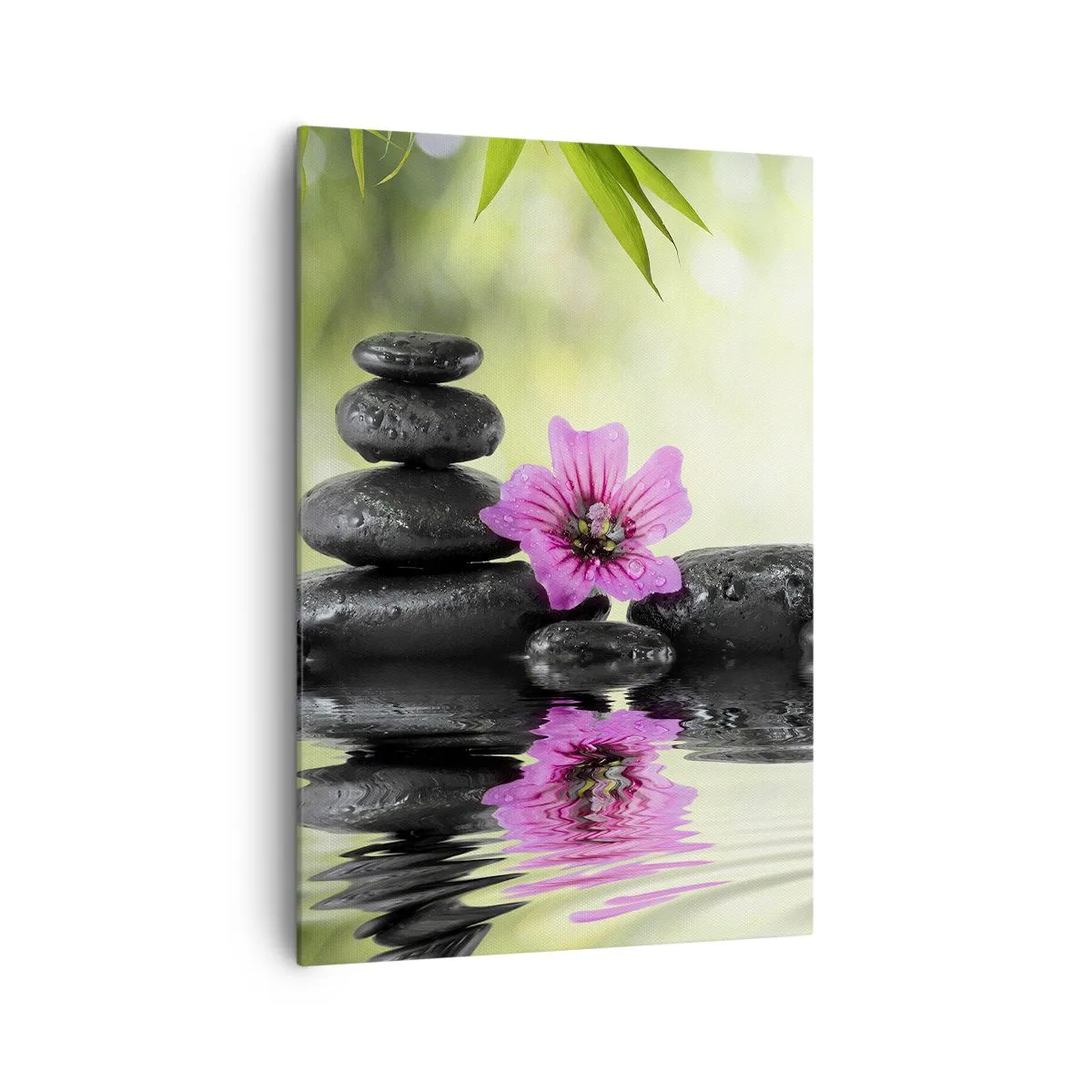 Cuadro sobre lienzo - Impresión de Imagen - Piedras zen y una flor rosa reflejada en el agua. - 70x100cm - Tiempo para el alma - Decoración de pared moderna para salón y dormitorio ARTTOR