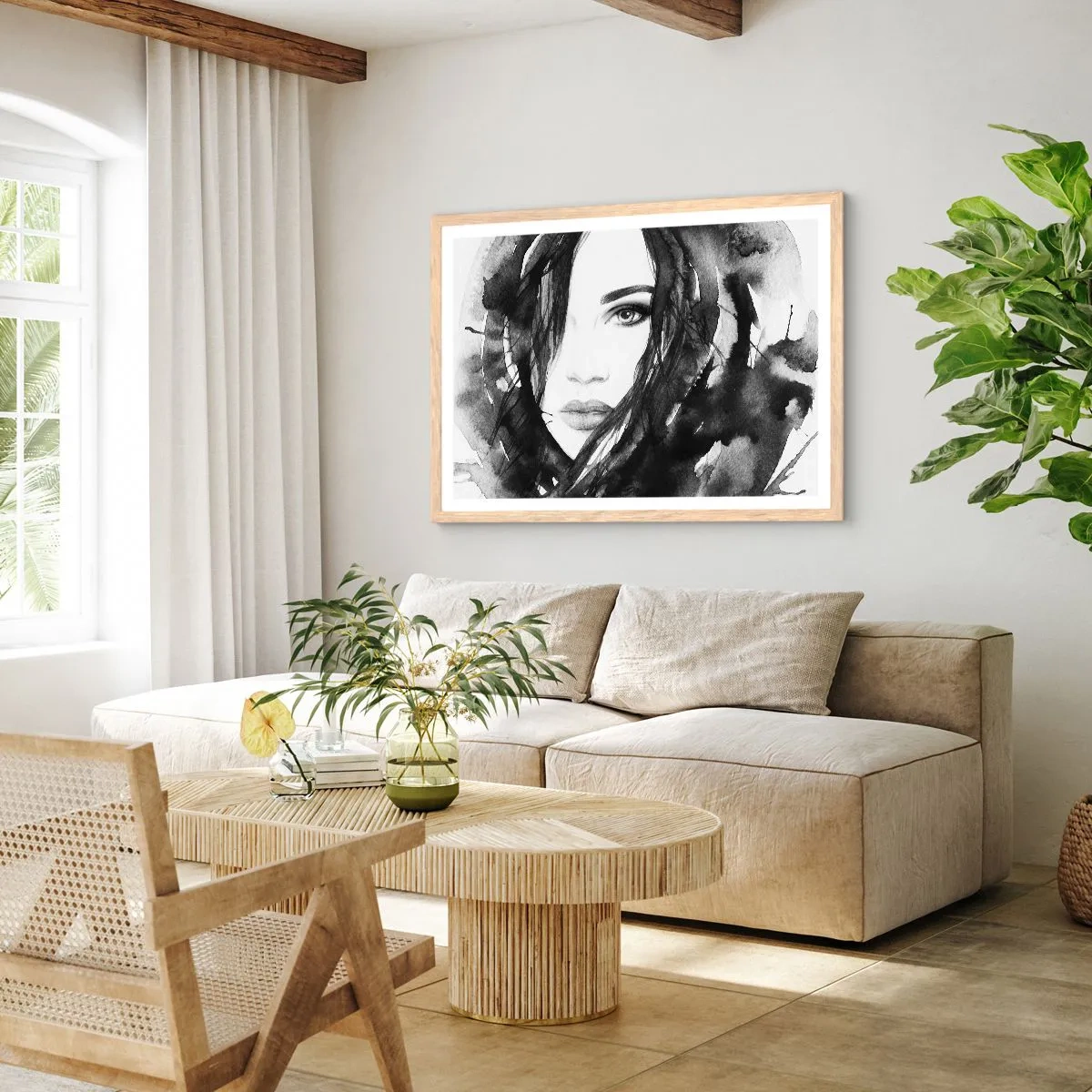 Póster en marco roble claro - Retrato de una dama en blanco y negro - 91x61 cm
