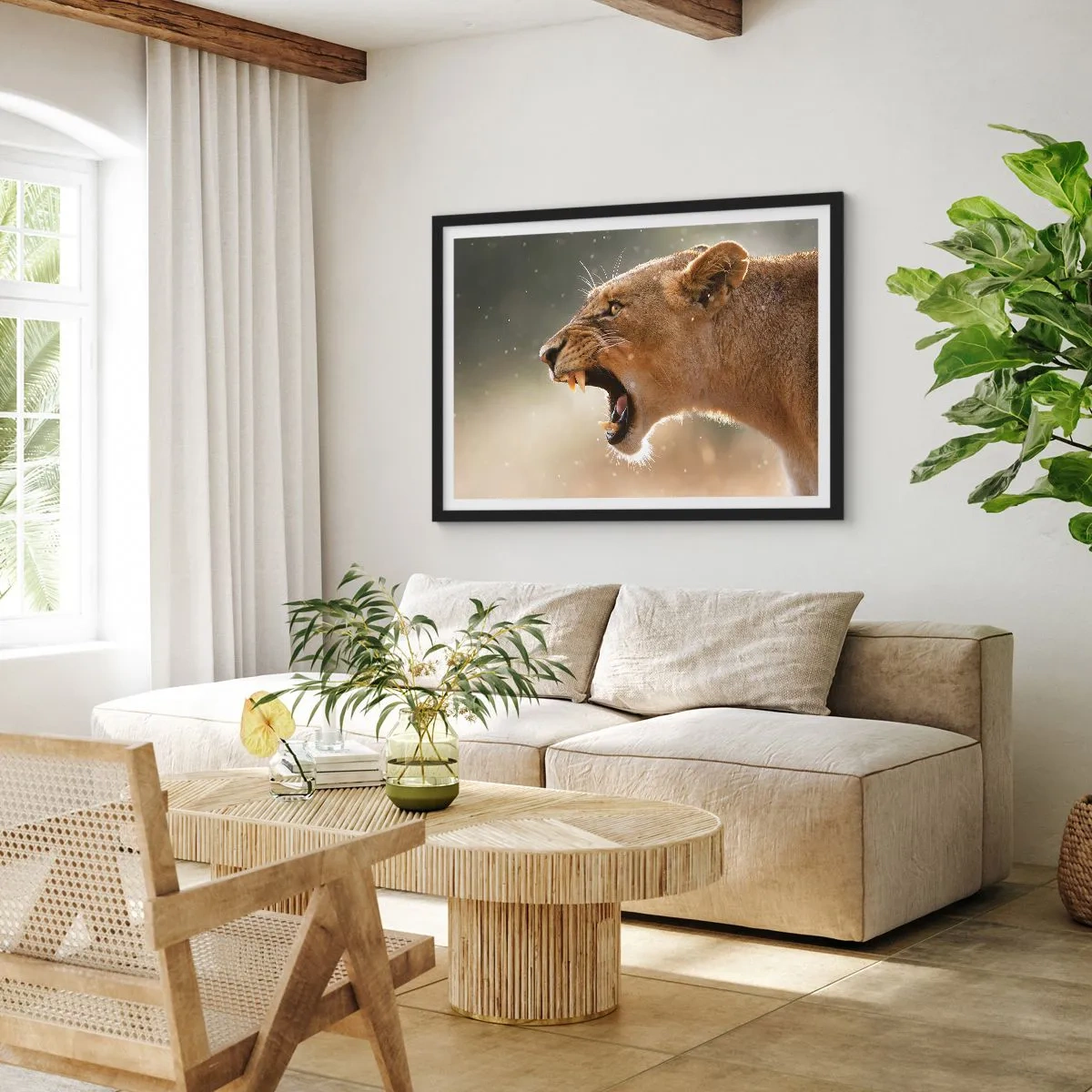 Póster en marco negro - Retrato de una leona rugiente bajo luz natural - 70x50cm - Silencio, es mi turno de palabra - Decoración de pared moderna para salón y dormitorio ARTTOR