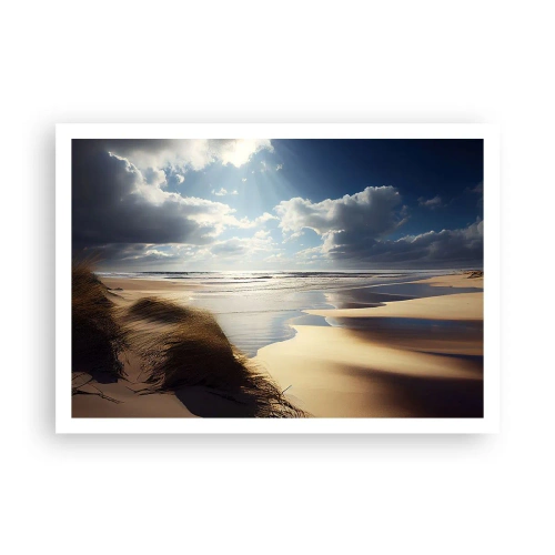 Póster - Una playa salvaje con dunas y cielos azules. - 100x70cm - Playa, playa salvaje - Decoración de pared moderna para salón y dormitorio ARTTOR