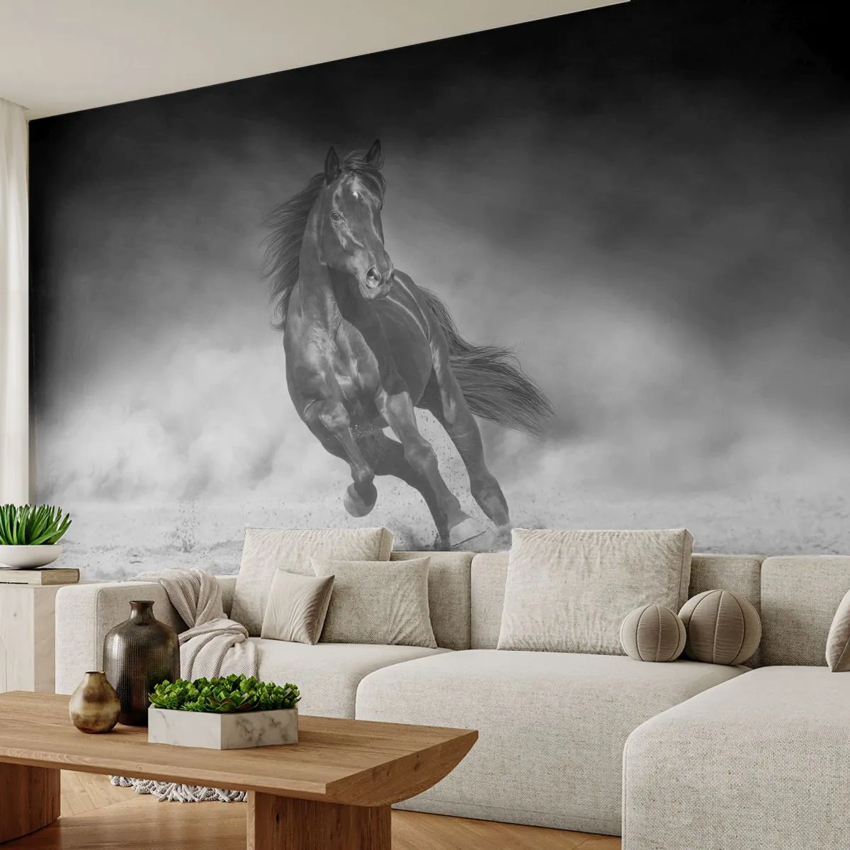 Fotomural Premium Sand - Un caballo negro galopando por la arena del desierto. - 100x70cm - Digno del propio emir - Decoración de pared moderna para salón y dormitorio ARTTOR