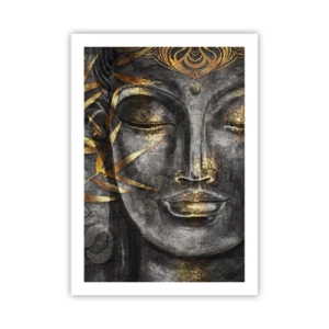 Póster - Retrato de Buda con brillo dorado y elementos de hojas de bambú. - 50x70cm - Siente la paz - Decoración de pared moderna para salón y dormitorio ARTTOR