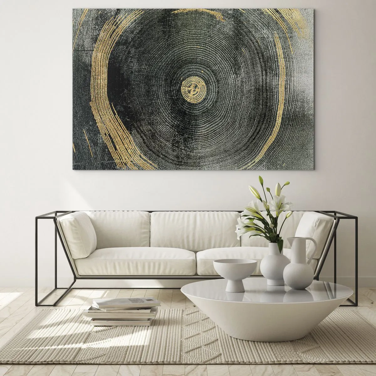 Cuadro sobre vidrio - Impresiones sobre Vidrio - Sección transversal de un tronco de árbol con detalles y acentos dorados. - 70x50cm - Cambio y perpetuidad - Decoración de pared moderna para salón y dormitorio ARTTOR
