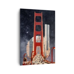 Cuadro sobre lienzo - Impresión de Imagen - El puente Golden Gate con la ciudad al fondo contra un cielo estrellado - 70x100cm - Siempre en el centro - Decoración de pared moderna para salón y dormitorio ARTTOR