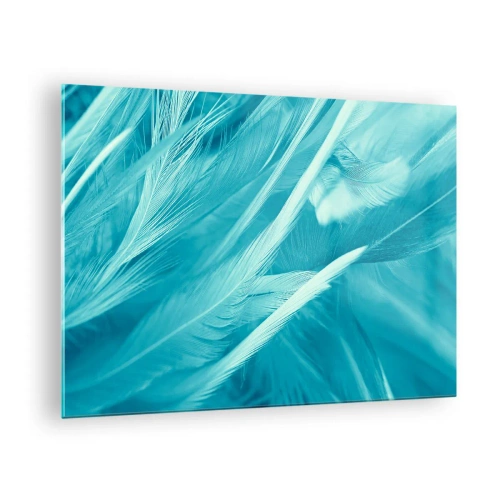 Cuadro sobre vidrio - Impresiones sobre Vidrio - Plumas turquesas en un delicado primer plano - 70x50cm - Un manto real - Decoración de pared moderna para salón y dormitorio ARTTOR