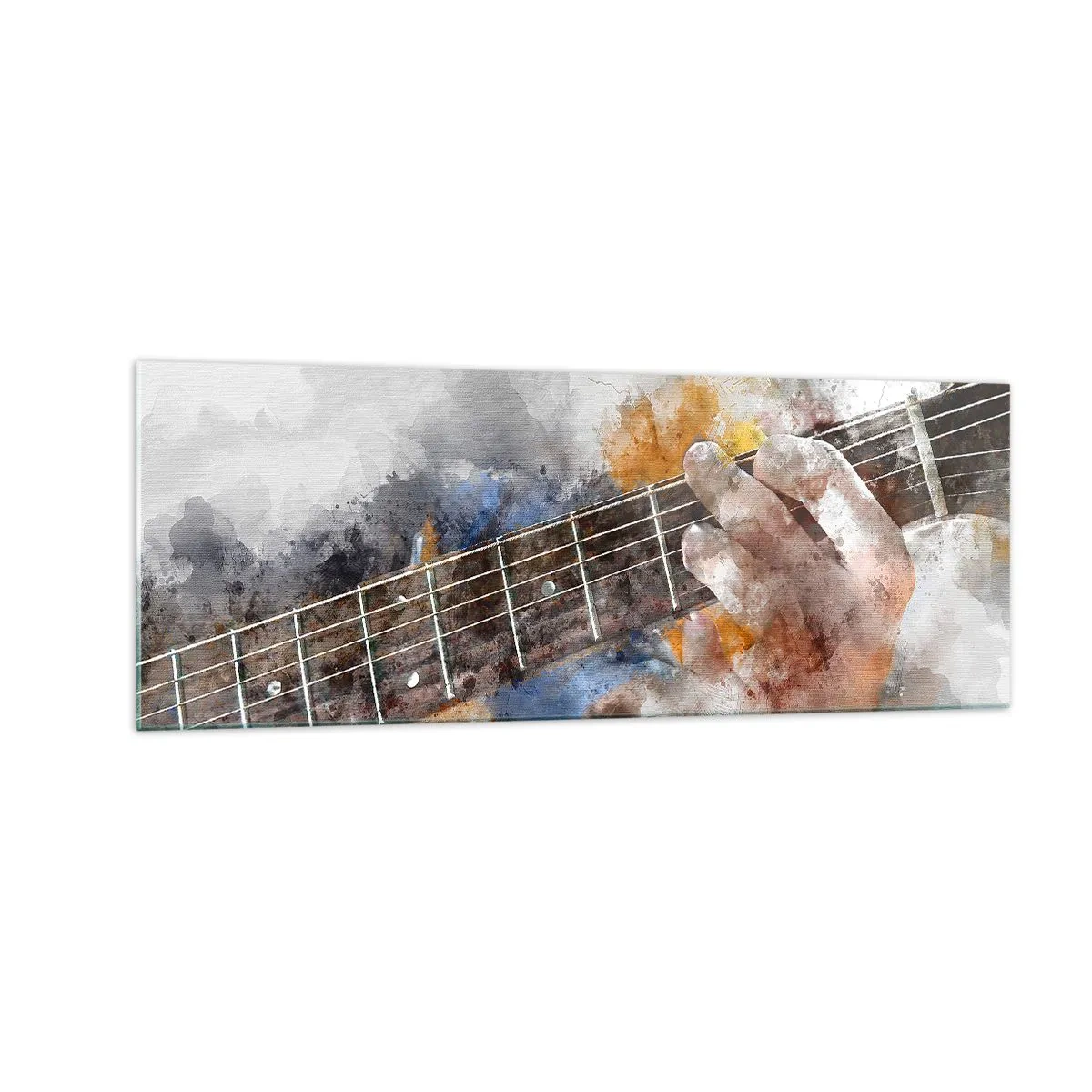 Cuadro sobre vidrio - Impresiones sobre Vidrio - Imagen abstracta de una mano tocando la guitarra. - 140x50cm - Poesía entre las cuerdas - Decoración de pared moderna para salón y dormitorio ARTTOR
