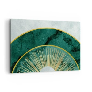 Cuadro sobre lienzo - Impresión de Imagen - Patrón abstracto con círculos en colores esmeralda y dorado. - 120x80cm - Un sistema solar diferente - Decoración de pared moderna para salón y dormitorio ARTTOR