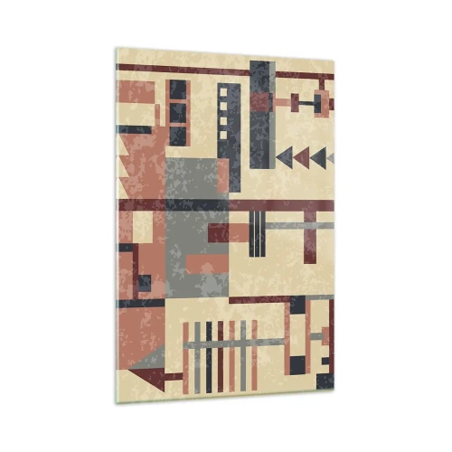 Cuadro sobre vidrio - Impresiones sobre Vidrio - Patrón geométrico en tonos pastel beige, rojo y gris. - 80x120cm - Una combinación de verticales y niveles - Decoración de pared moderna para salón y dormitorio ARTTOR