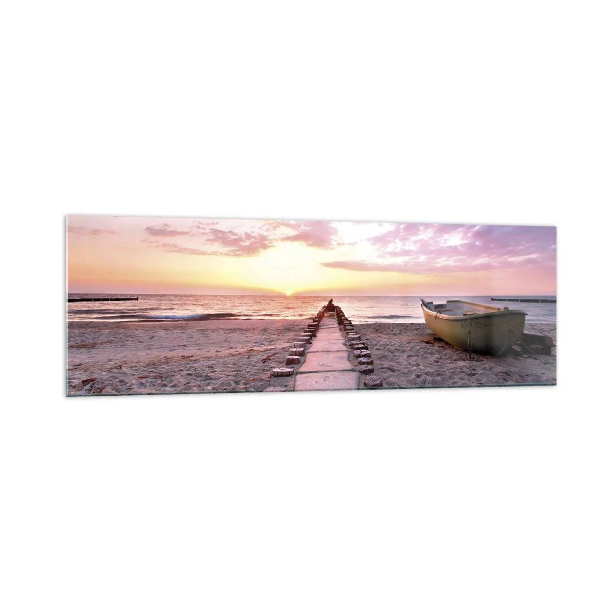 Cuadro sobre vidrio - Impresiones sobre Vidrio - Playa al amanecer con barco y muelle - 160x50cm - Un momento de profunda experiencia - Decoración de pared moderna para salón y dormitorio ARTTOR