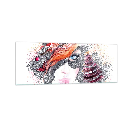 Cuadro sobre vidrio - Impresiones sobre Vidrio - Retrato artístico de una mujer con detalles y acento rojo. - 140x50cm - Con ella cada día es una fiesta - Decoración de pared moderna para salón y dormitorio ARTTOR