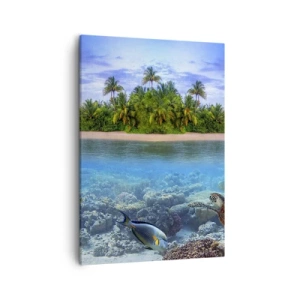 Cuadro sobre lienzo - Impresión de Imagen - Una isla tropical rodeada de un océano turquesa con un arrecife de coral y peces. - 50x70cm - Una isla paradisíaca te invita - Decoración de pared moderna para salón y dormitorio ARTTOR
