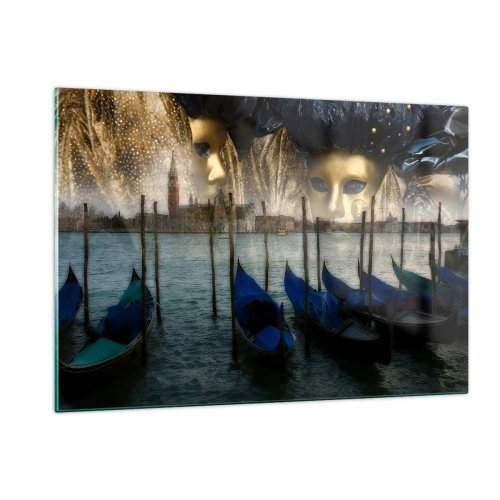 Cuadro sobre vidrio - Impresiones sobre Vidrio - Venecia con góndolas y máscaras de carnaval - 120x80cm - El tiempo de carnaval ha comenzado - Decoración de pared moderna para salón y dormitorio ARTTOR