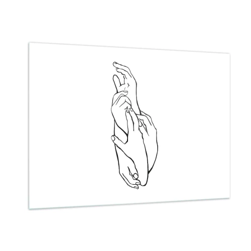 Cuadro sobre vidrio - Impresiones sobre Vidrio - Un sutil dibujo lineal de manos entrelazadas sobre un fondo blanco. - 100x70cm - El tacto - Decoración de pared moderna para salón y dormitorio ARTTOR