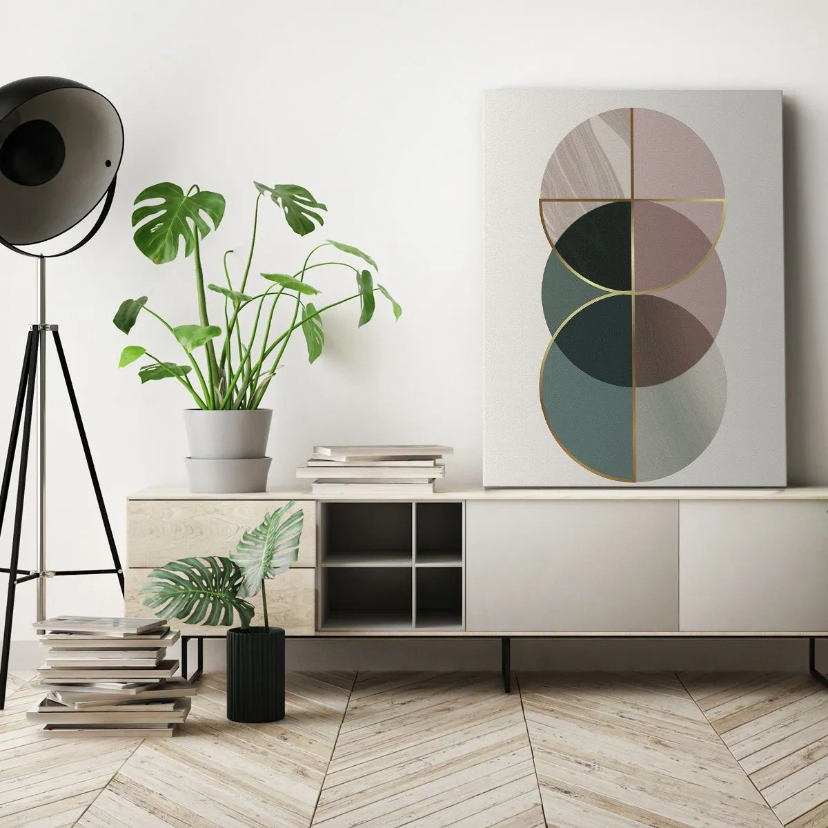 Cuadro sobre lienzo - Impresión de Imagen - Una composición abstracta de formas geométricas y líneas doradas. - 80x120cm - Círculo tras círculo... - Decoración de pared moderna para salón y dormitorio ARTTOR