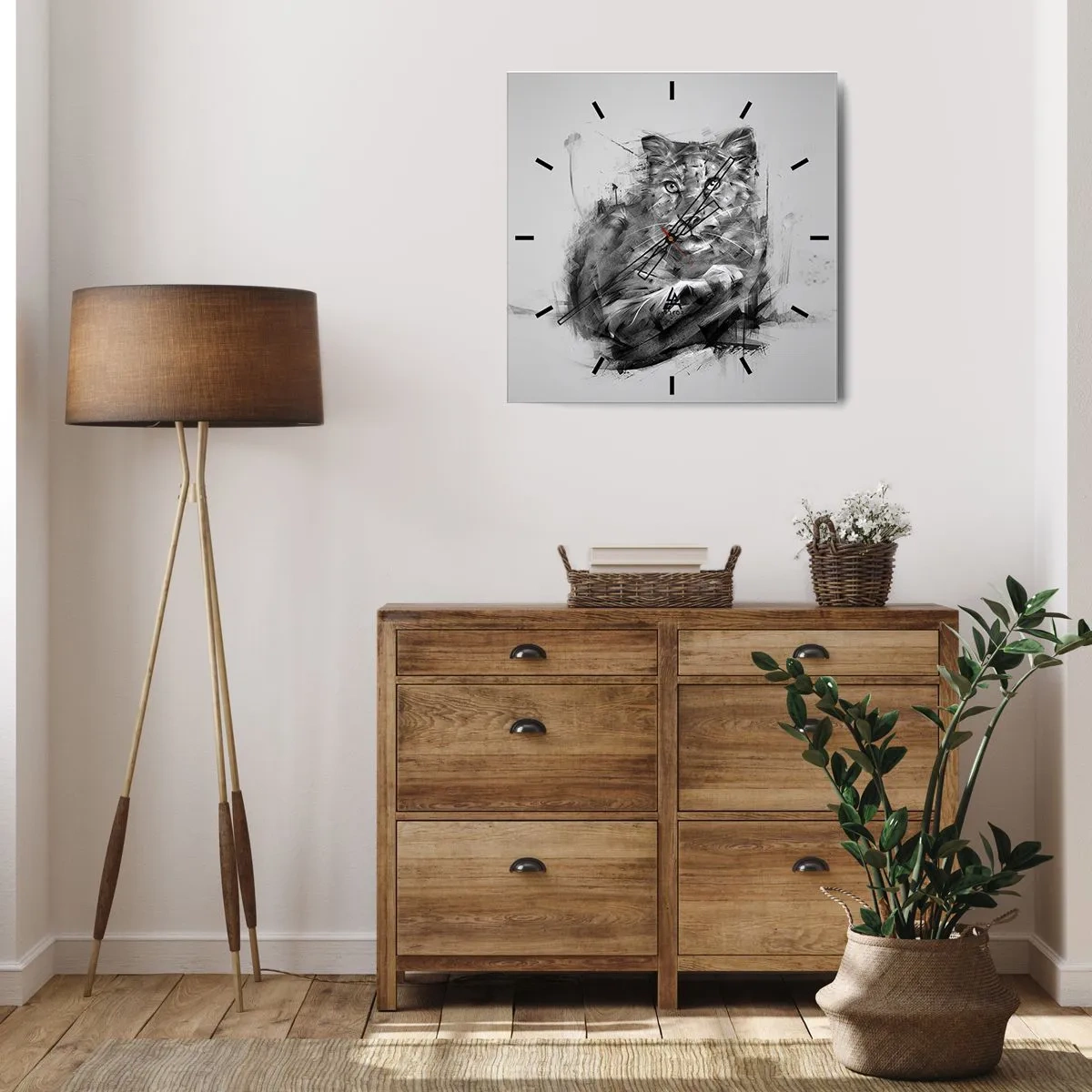 Reloj de pared - Reloj de vidrio - Retrato en blanco y negro de un león en un estilo artístico con trazos dinámicos. - 30x30cm - Sí, estoy escuchando - Decoración de pared moderna para salón y dormitorio ARTTOR