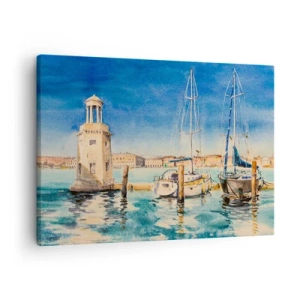 Cuadro sobre lienzo - Impresión de Imagen - Puerto deportivo con barcos con el fondo de una laguna azul - 70x50cm - Laguna soleada - Decoración de pared moderna para salón y dormitorio ARTTOR