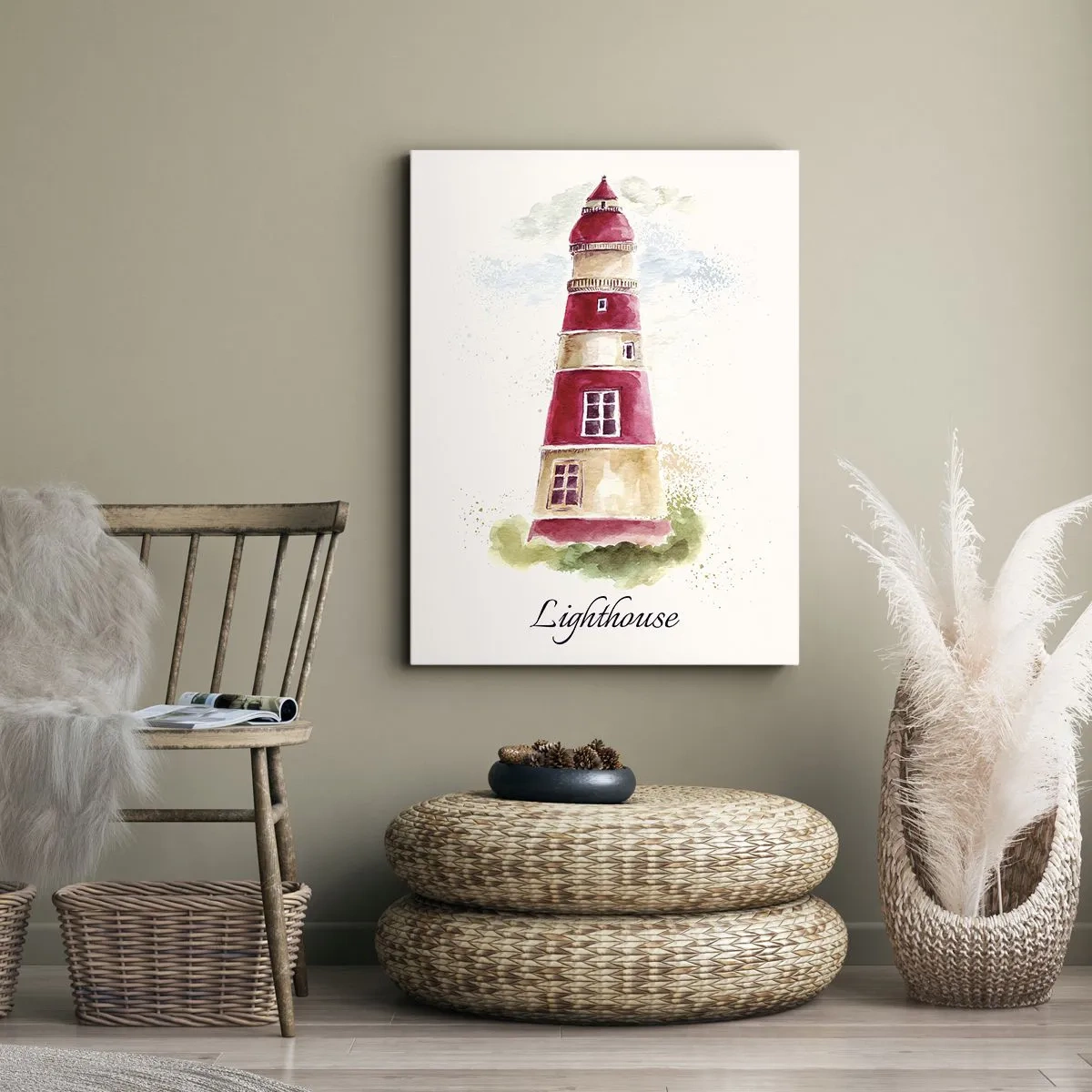 Cuadro sobre lienzo - Impresión de Imagen - Una pintura de acuarela de un faro sobre un fondo claro con una inscripción. - 50x70cm - Siempre observando - Decoración de pared moderna para salón y dormitorio ARTTOR