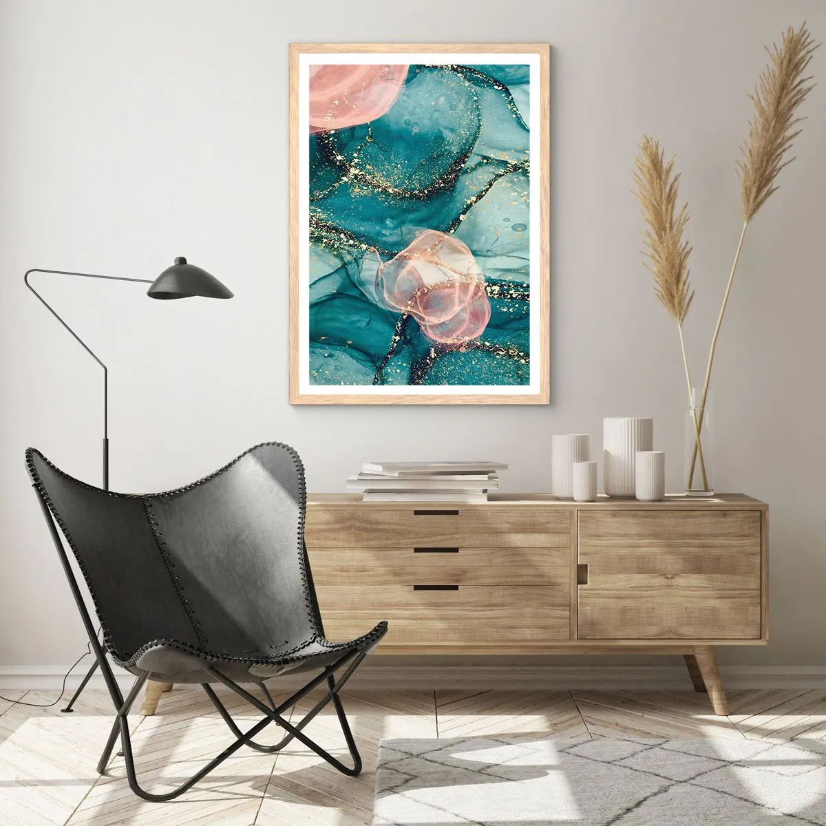 Póster en marco roble claro - Seda azul, tul rosa - 70x100 cm