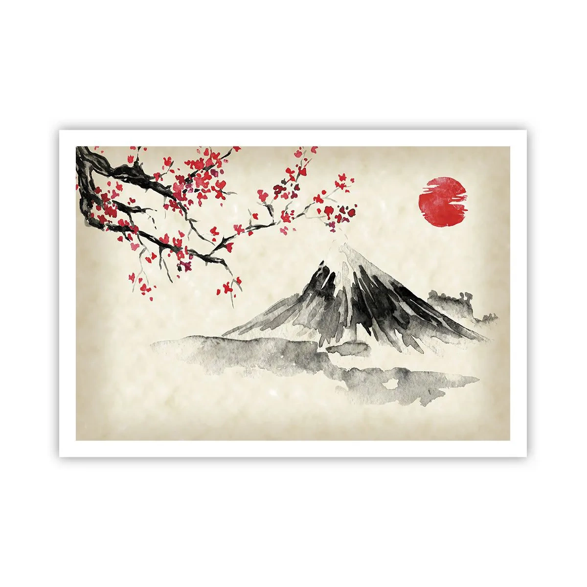 Póster - Un paisaje pintoresco con una montaña, cerezos en flor y sol. - 100x70cm - Enamórate de Japón - Decoración de pared moderna para salón y dormitorio ARTTOR