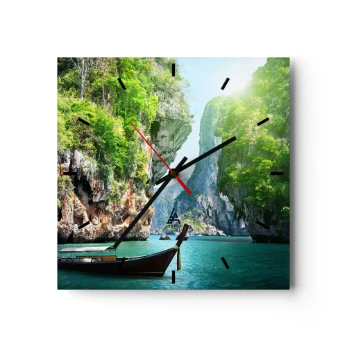 Reloj de pared - Reloj de vidrio - Un barco tradicional con un telón de fondo de acantilados tropicales y aguas turquesas. - 30x30cm - Una invitación a un viaje exótico - Decoración de pared moderna para salón y dormitorio ARTTOR