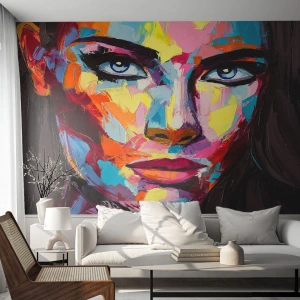 Fotomural Premium Sand - Retrato colorido de una mujer en estilo expresionista. - 100x70cm - Un alma colorida también - Decoración de pared moderna para salón y dormitorio ARTTOR