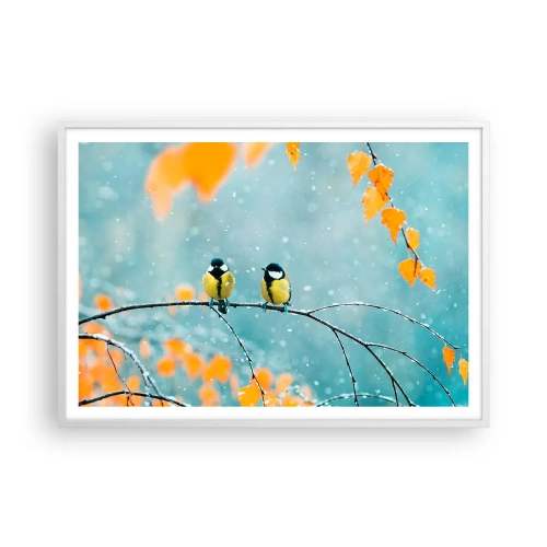 Póster en marco blanco - Cotilleo de pájaros - 100x70 cm