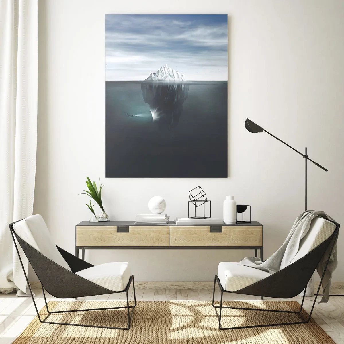 Cuadro sobre vidrio - Impresiones sobre Vidrio - Un iceberg en el agua con un buzo y un reflector debajo de la superficie. - 80x120cm - Misterio submarino - Decoración de pared moderna para salón y dormitorio ARTTOR