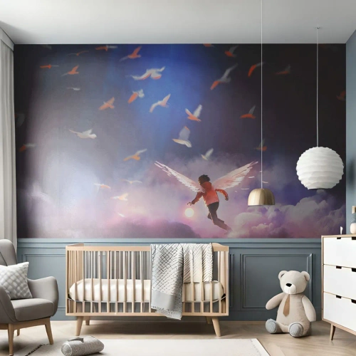 Fotomural Premium Sand - Una escena mágica con una figura con alas entre las nubes y los pájaros. - 100x70cm - Imaginación y valor - Decoración de pared moderna para salón y dormitorio ARTTOR