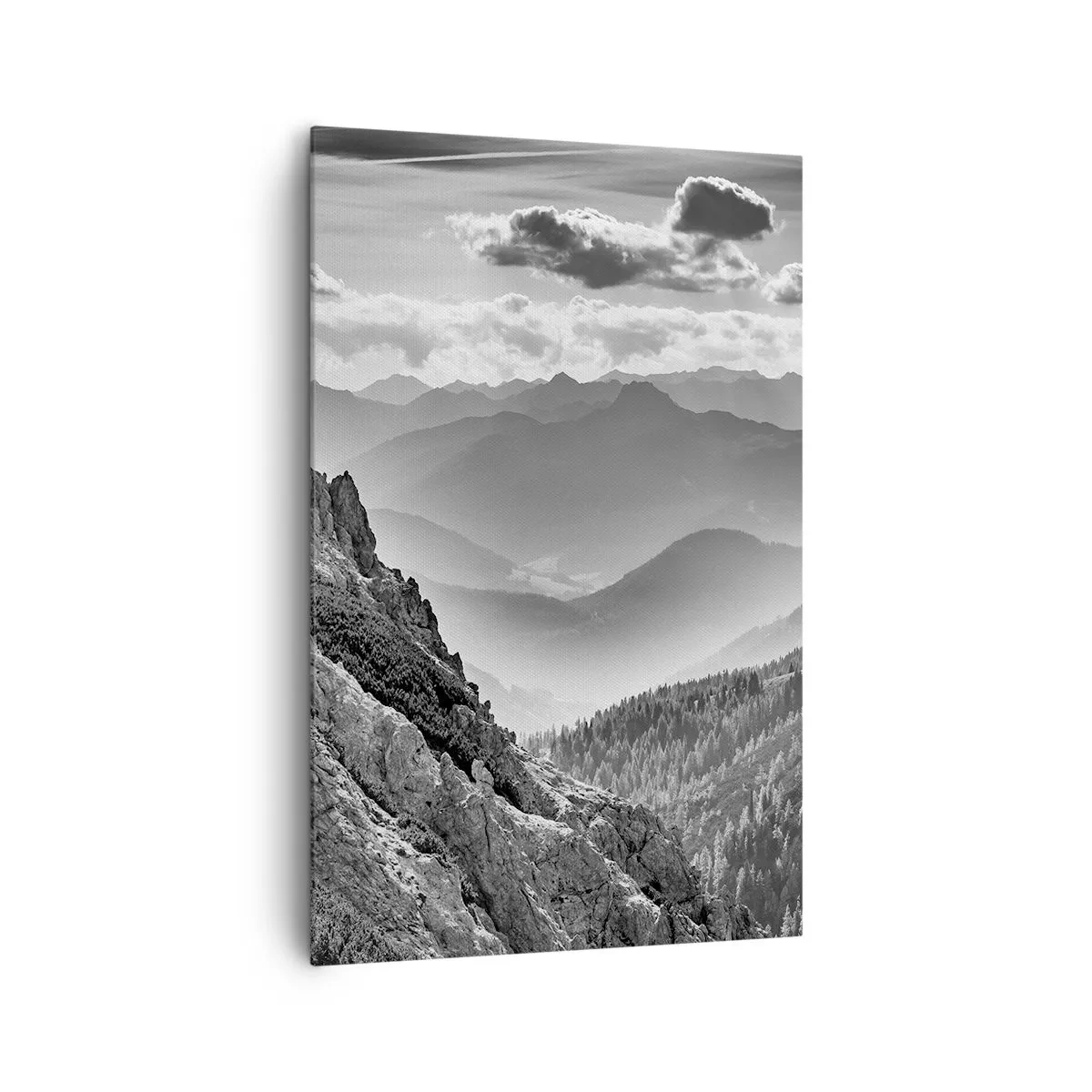 Cuadro sobre lienzo - Impresión de Imagen - Paisaje de montaña en blanco y negro con nubes sobre los picos. - 80x120cm - Hasta el horizonte - Decoración de pared moderna para salón y dormitorio ARTTOR