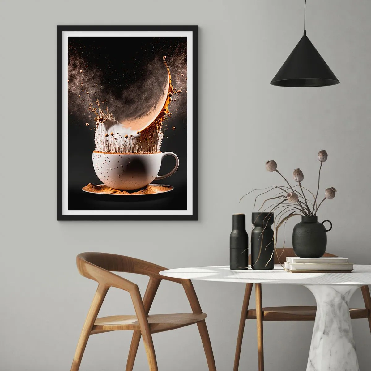 Póster en marco negro - Una explosión dinámica de café en una taza. - 50x70cm - Una explosión de sabor - Decoración de pared moderna para salón y dormitorio ARTTOR