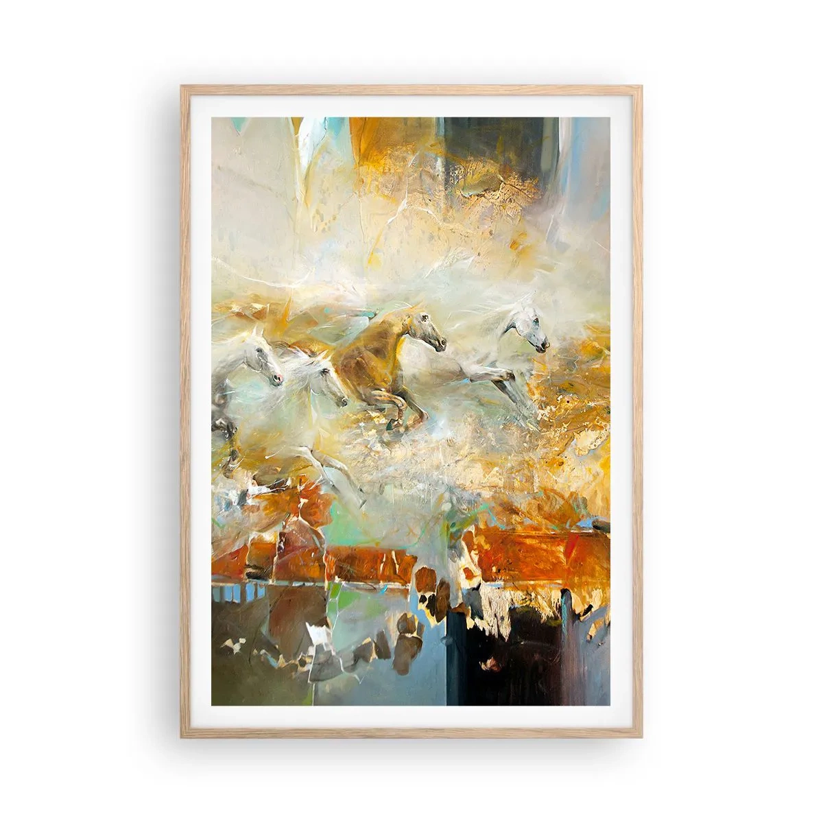 Póster en marco roble claro - Galopando a través de la luz - 70x100 cm