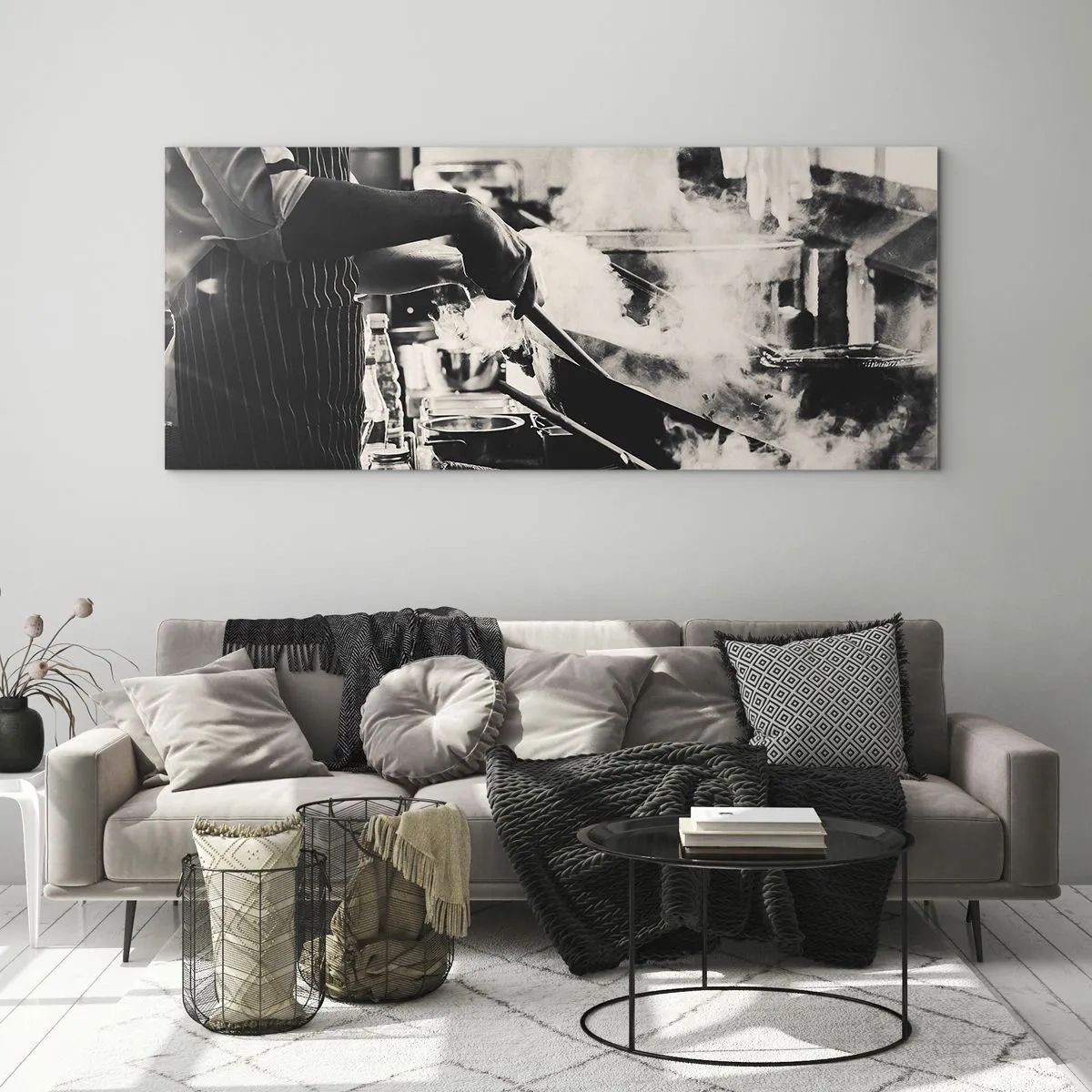 Cuadro sobre vidrio - Impresiones sobre Vidrio - Un chef trabajando en la cocina con vapor saliendo de una sartén. - 140x50cm - Alquimia de sabores - Decoración de pared moderna para salón y dormitorio ARTTOR