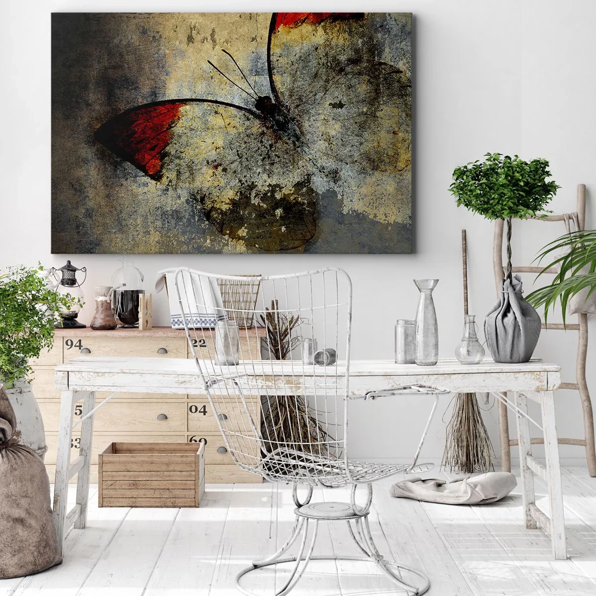 Cuadro sobre lienzo - Impresión de Imagen - Una mariposa en tonos rojos y grises sobre un fondo texturizado. - 70x50cm - Mira antes de que desaparezca - Decoración de pared moderna para salón y dormitorio ARTTOR