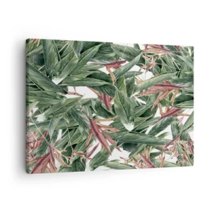 Cuadro sobre lienzo - Impresión de Imagen - Un motivo decorativo de hojas en tonos verdes y burdeos sobre un fondo claro. - 70x50cm - Naturaleza esmeralda y lila - Decoración de pared moderna para salón y dormitorio ARTTOR