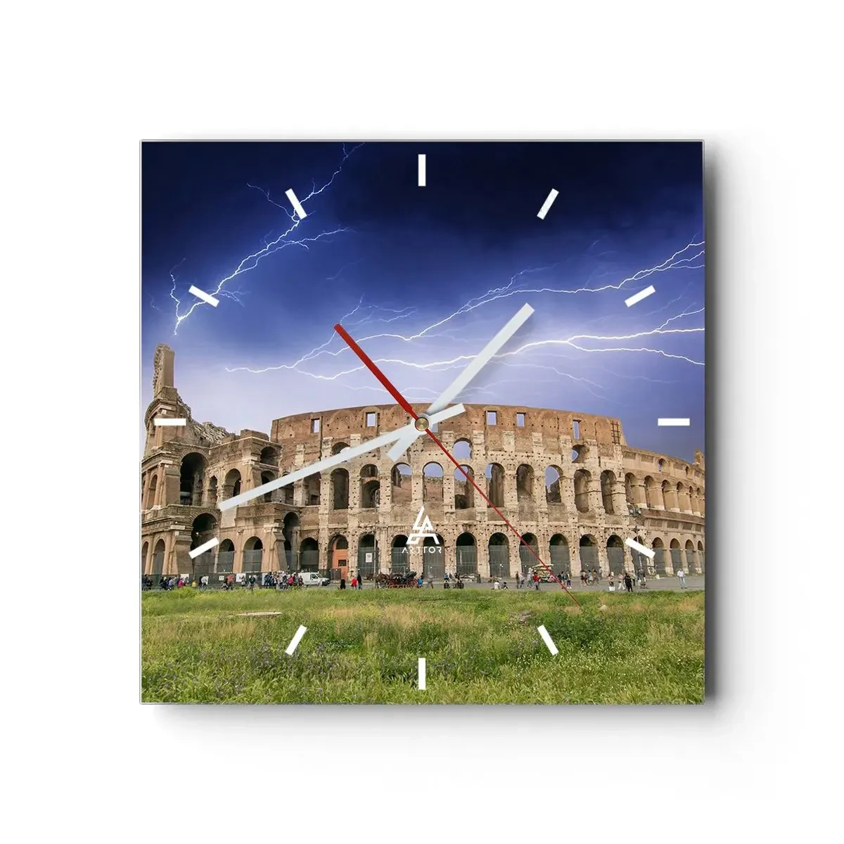 Reloj de pared - Reloj de vidrio - El Coliseo de Roma iluminado por un rayo - 30x30cm - Arena de guerreros - Decoración de pared moderna para salón y dormitorio ARTTOR