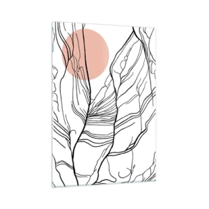 Cuadro sobre vidrio - Impresiones sobre Vidrio - Líneas sombreadas de ramas con un sol beige - 50x70cm - En una red de ramas - Decoración de pared moderna para salón y dormitorio ARTTOR