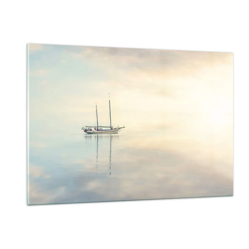 Cuadro sobre vidrio - Impresiones sobre Vidrio - Un velero a la deriva en un mar tranquilo al amanecer. - 120x80cm - En un mar de silencio - Decoración de pared moderna para salón y dormitorio ARTTOR