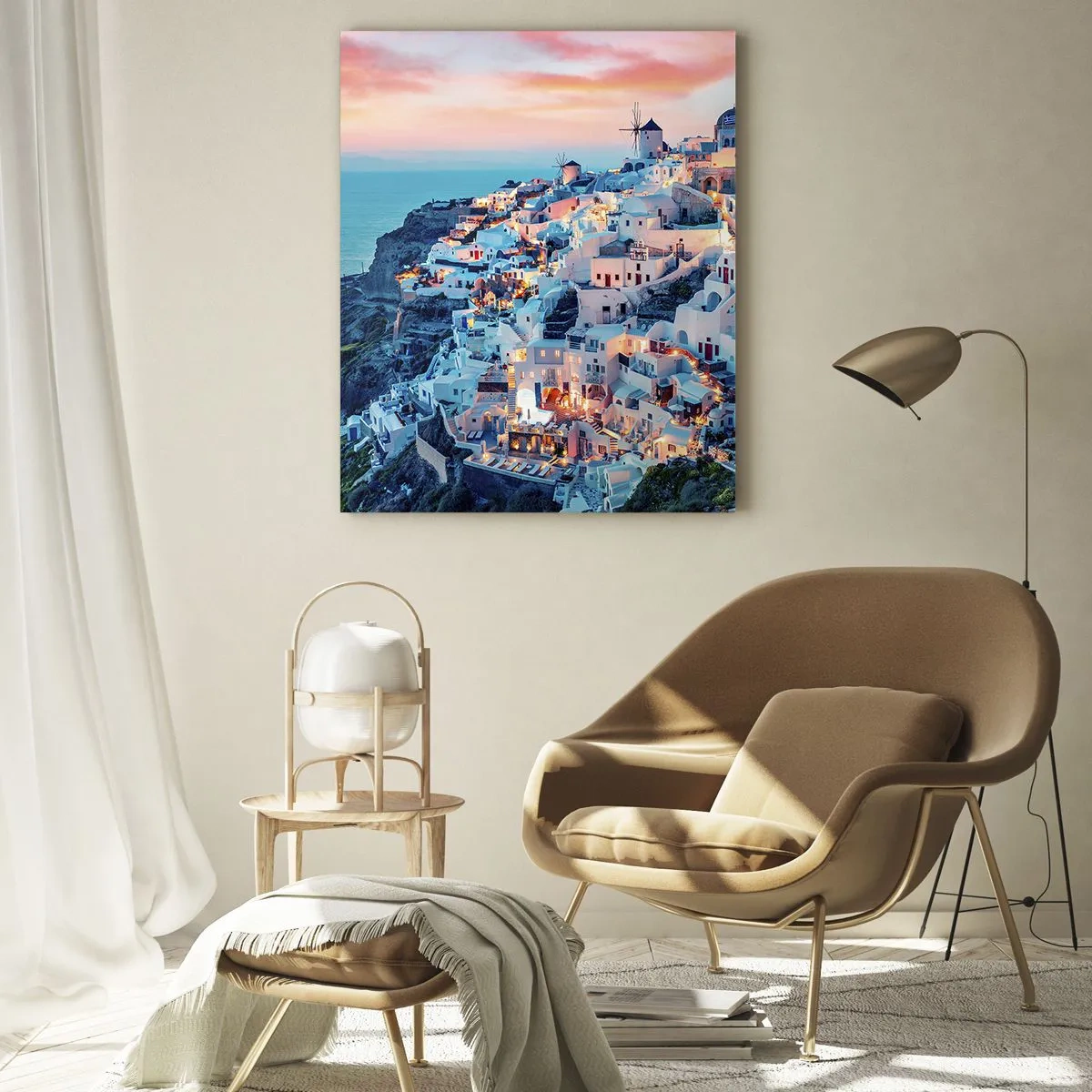 Cuadro sobre vidrio - Impresiones sobre Vidrio - Santorini al atardecer con edificios blancos en la colina - 70x100cm - Vacaciones en Grecia - Decoración de pared moderna para salón y dormitorio ARTTOR