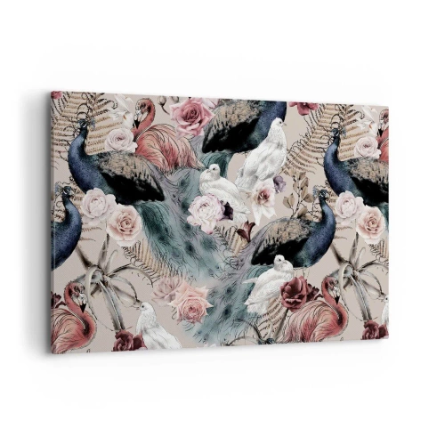 Cuadro sobre lienzo - Impresión de Imagen - Un paisaje con plumas de pavo real, rosas y pájaros en estilo romántico. - 120x80cm - En un jardín de palacio - Decoración de pared moderna para salón y dormitorio ARTTOR